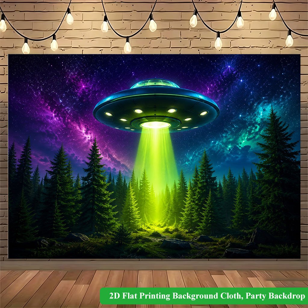 TEMU 2d Flat, 2d Flat - 2d Flat Printing Backdrop Banner 1pc, Ufo Illuminates Forest Night Background Cloth Banner, Wall Covering, Background Cloth