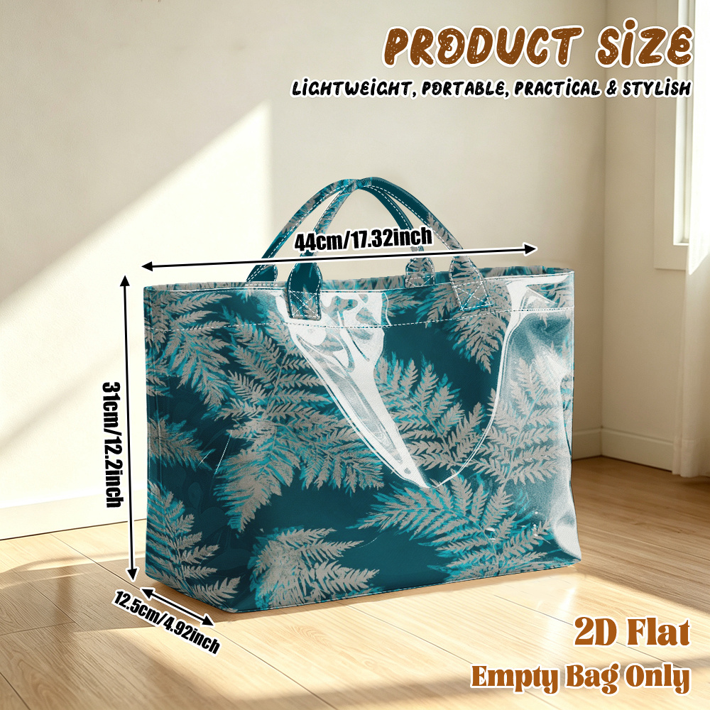TEMU 1pc 2d Flat Printing Fern Leaves Large Capacity Travel Tote Bag, Casual Shopping Bag,commuting Bag,beach Bag,yoga Bag,fitness Bag For