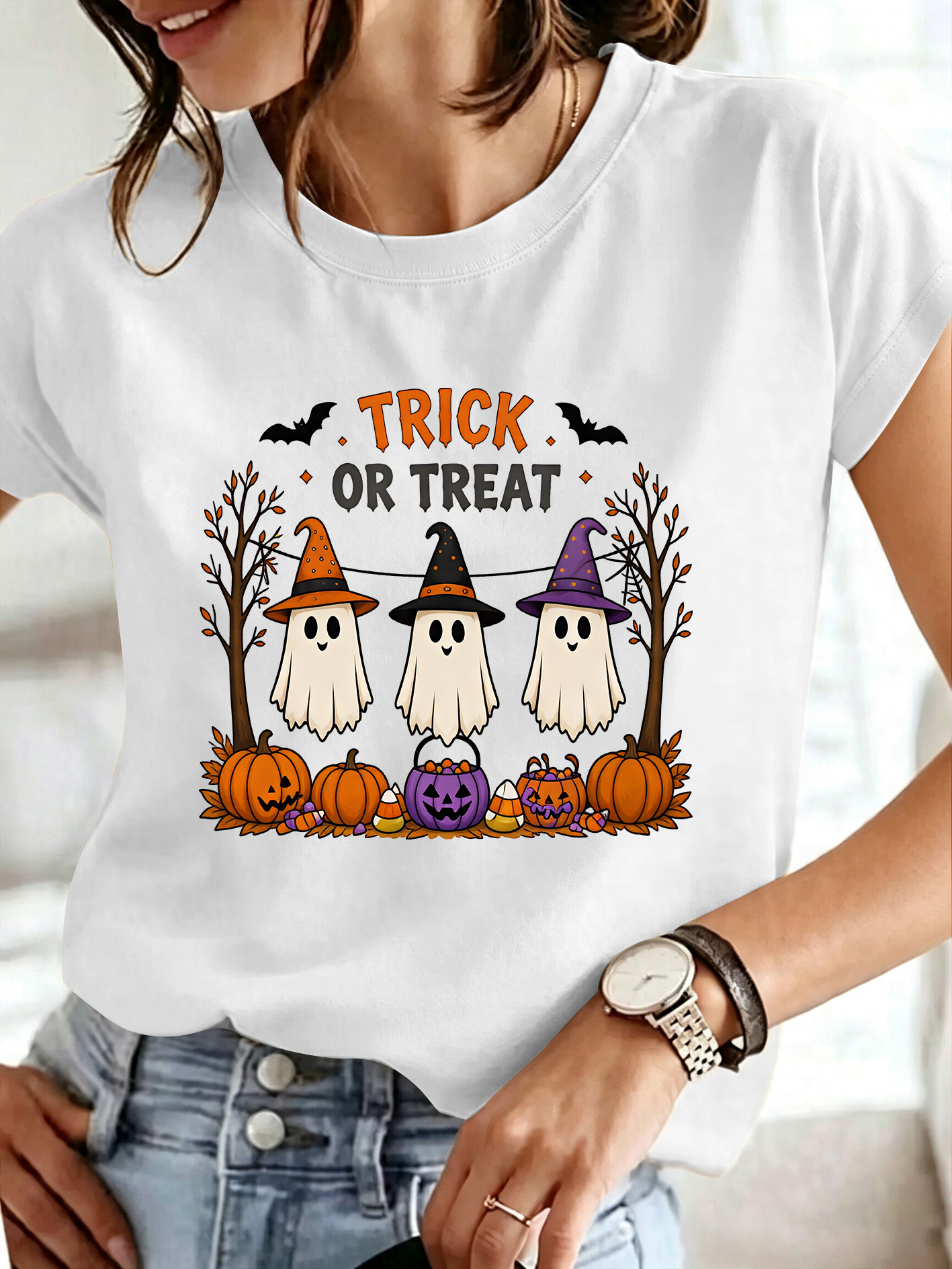 womens elegant style short sleeve gift halloween trick or treat with hat ghost and pumpkin print round neck casual sports t shirt suitable for spring summer autumn     vacation daily versatile retro top