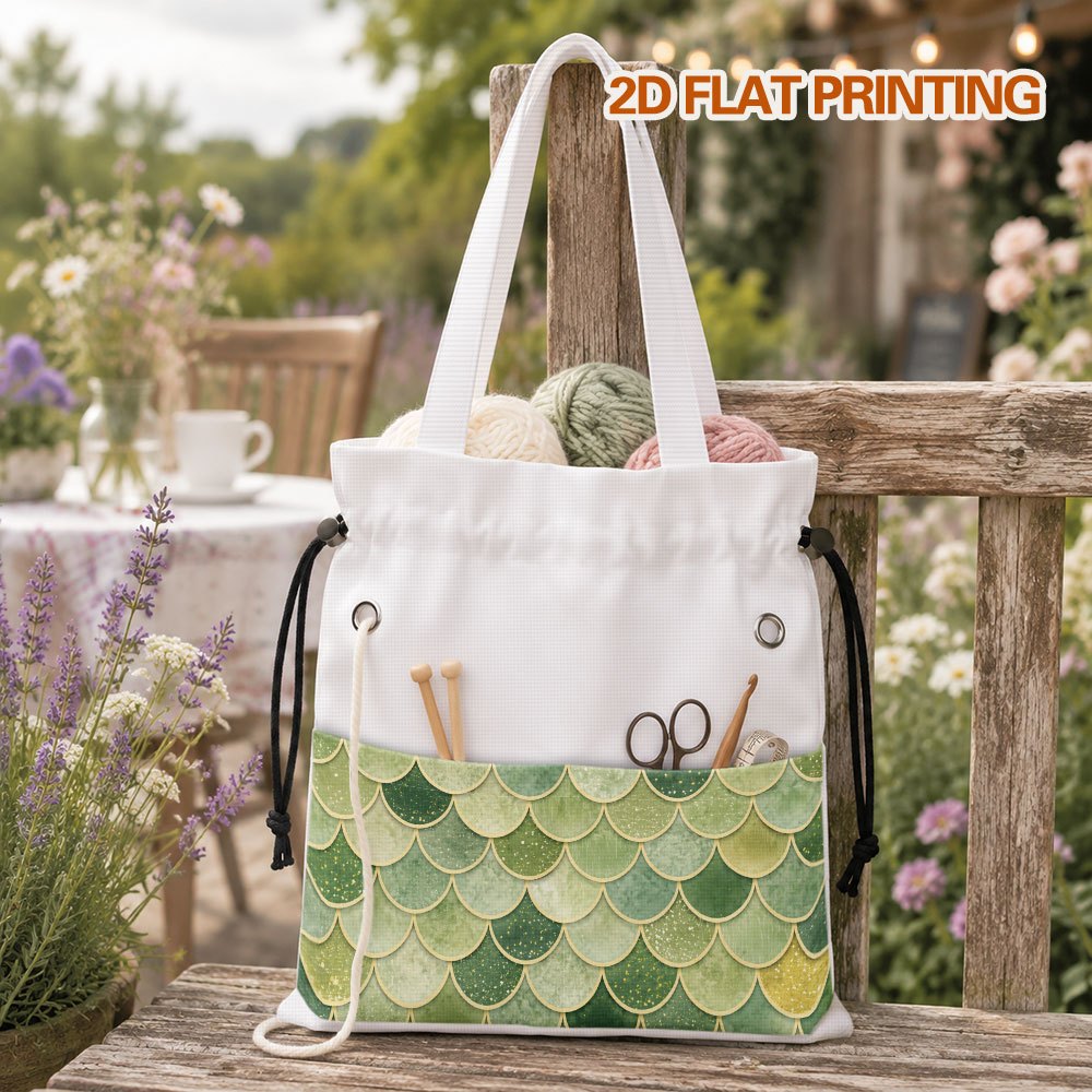 2d flat 1  green scallop scales print drawstring yarn storage bag fitted with   yarn outlet holes   family handcraft and vacation   work