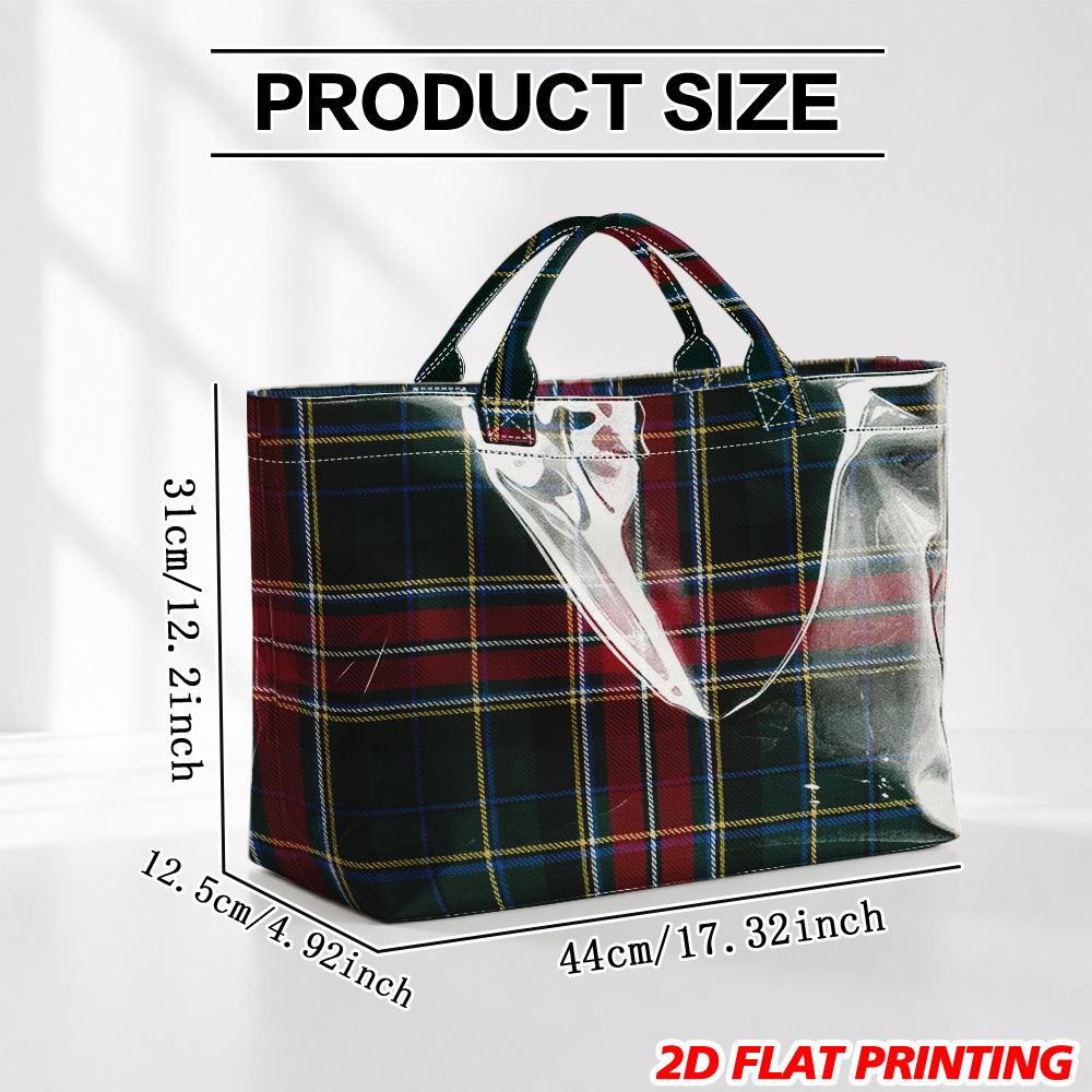 TEMU [Navidad/Halloween] 1 pieza, Bolso tote de PVC para mujer con colorido de tartán a cuadros 2D , Bolso grande versátil para , al trabajo, casual