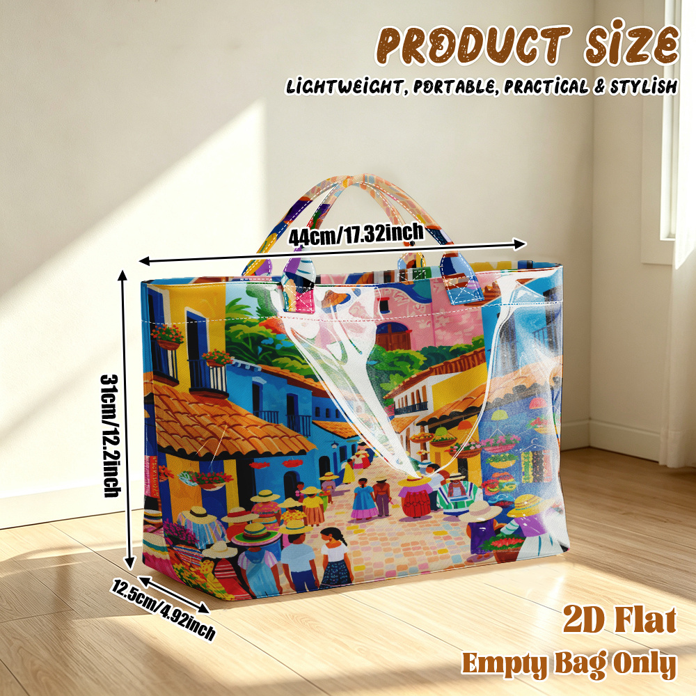 TEMU 1pc Reusable Grocery Bags, 2d Flat Printing Colorful Scene Pattern Pvc Large Capacity Travel Tote Bag, Shopping Bag,commuting Bag,beach Bag,yoga