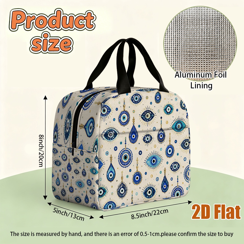 TEMU Non-food Contact 2d Flat 1pc Lunch Bag Blue Evil Eye Motif With Handle, Front Pocket Thanksgiving Gifts Camping, Beach, Office Worker, Outdoor