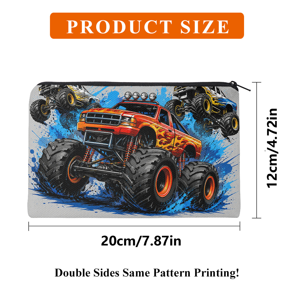 TEMU Pencil Case 1pc, Offroad Monster Trucks Double Sided Print Linen Pencil Case, Office Stationery Storage Bag With Zipper Closure, Portable