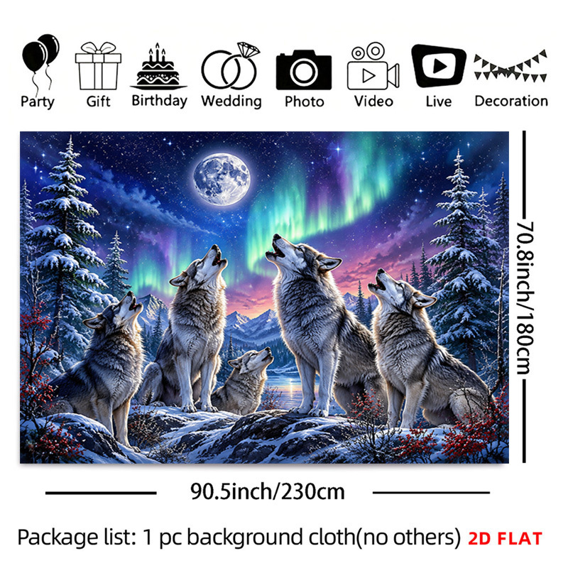 TEMU 2d Flat, 1pc Wolf Aurora Tapestry Wall Hanging - Horizontal Wolf Art Decor Suitable For Bedrooms, Living Rooms, Party Backdrop, Fabric With Wolf