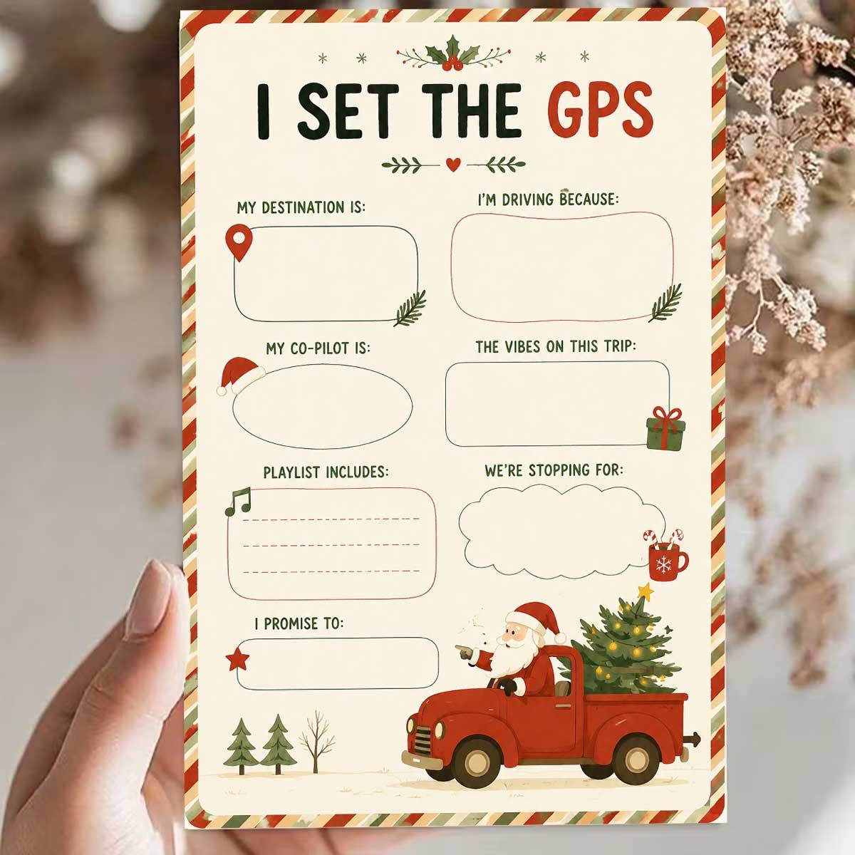 1 stuks leuke interactieve kerstkaart, [2d platte kaart], bedrukt met kerstman die een pickup truck rijdt en reischecklist, inclusief   the gps tekst, geschikt voor vrienden, met  