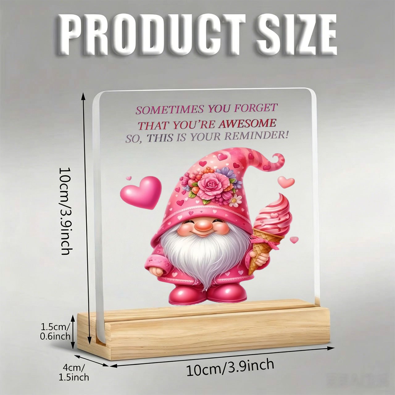 TEMU 2d Flat, 1pc Heart Flower Dwarf "you Are Great" Ornament, Warm And Encouraging Slogan, Acrylic Ornament With Wooden Base, Paperweight, Office