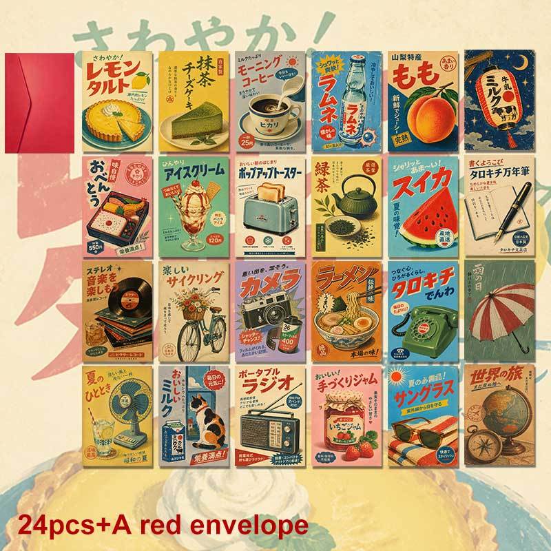 TEMU 24-pack A Red Envelope Vibrant Retro Summer Postcard Set Featuring Nostalgic Daily Life Items With Japanese Text For , Summer Holiday Aesthetic