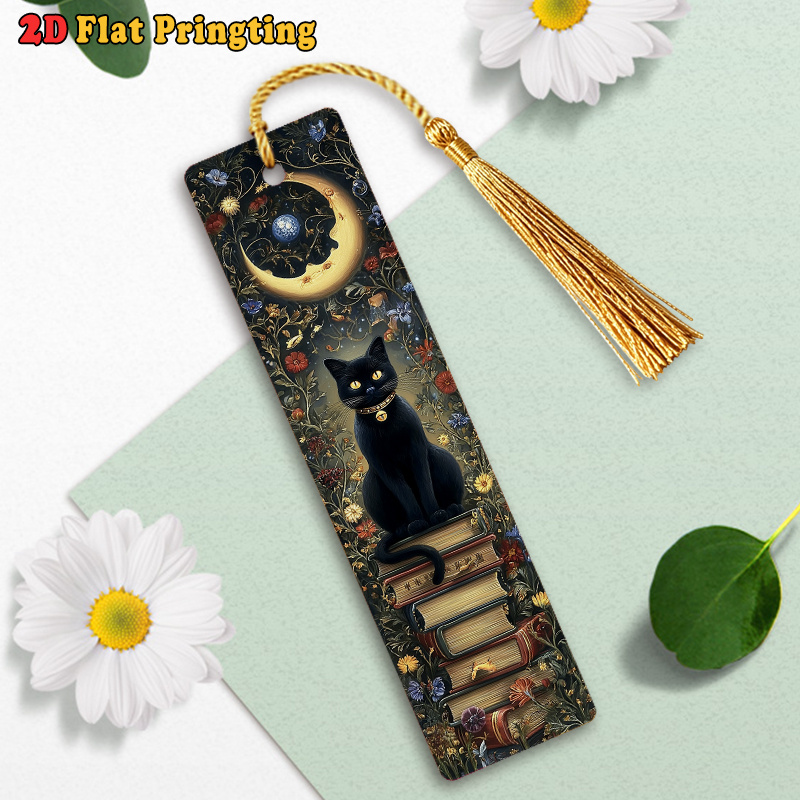 TEMU 2d Flat Printing Bookmark Featuring A Black Cat With Yellow Eyes Sitting On Stacked Books Surrounded By Colorful Flowers And A With A Ideal For