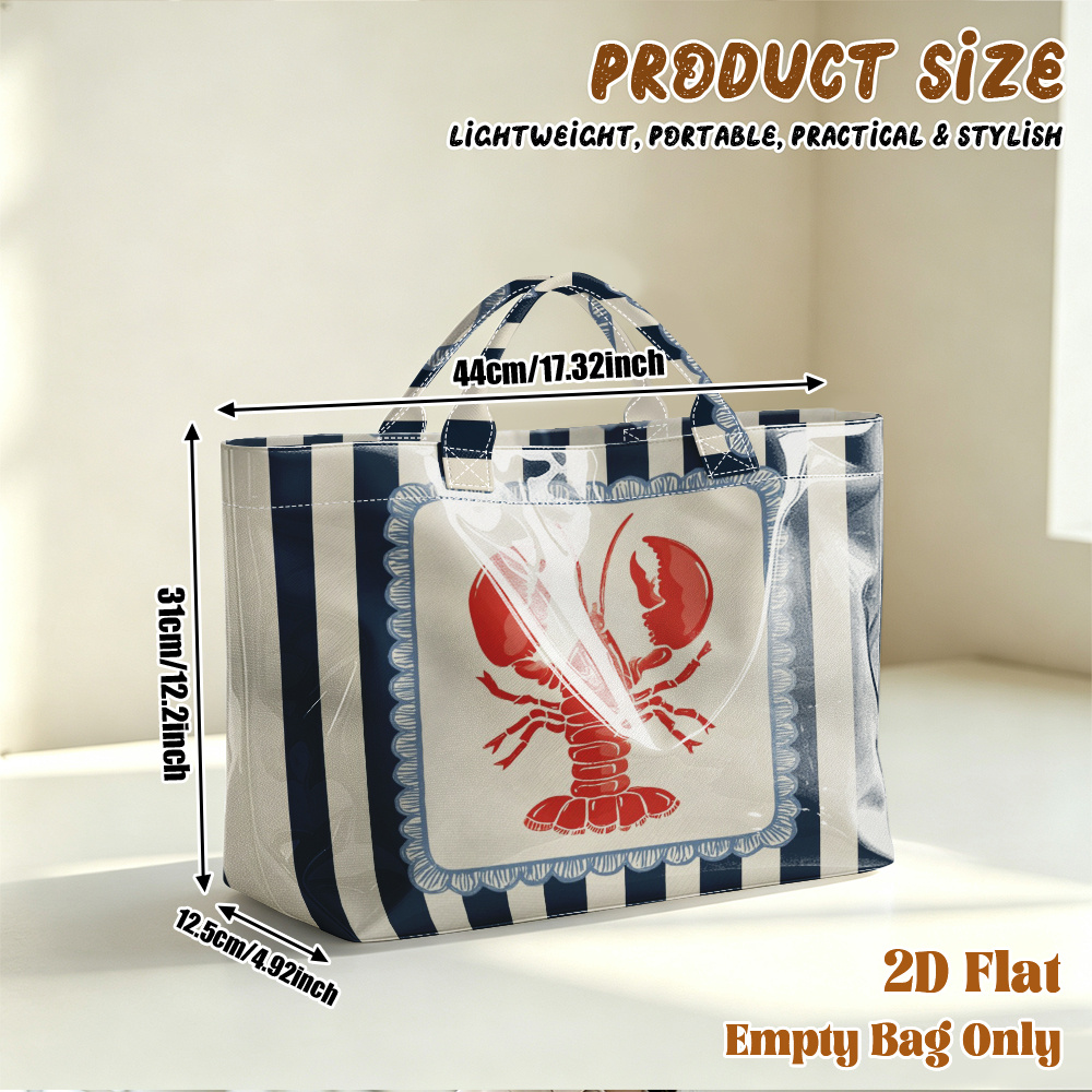 TEMU 1pc Reusable Grocery Bags, 2d Flat Printing Lobster Illustration Pattern Pvc Large Capacity Travel Tote Bag, Shopping Bag, Commuting Bag, Beach