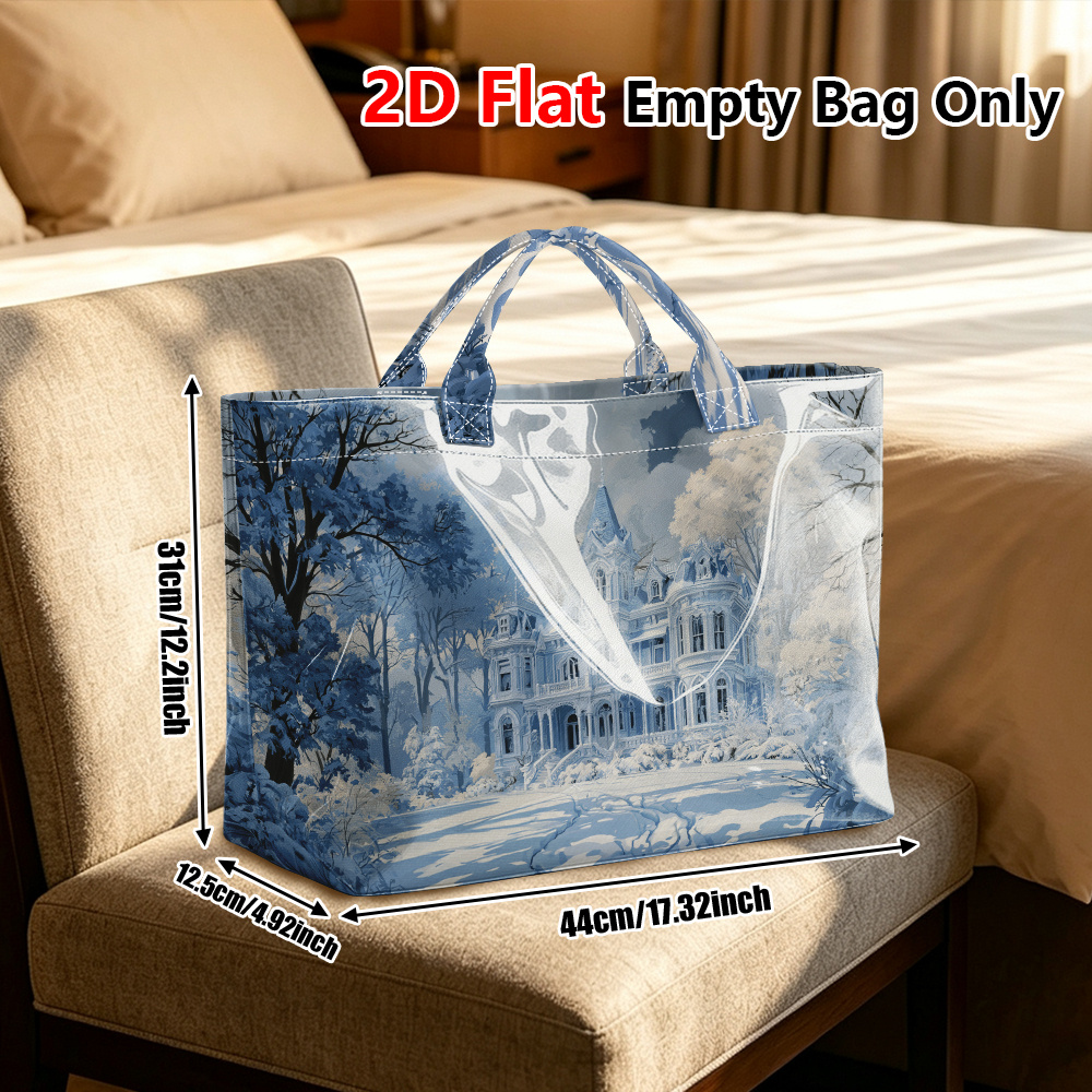 TEMU 1pc Reusable Grocery Bags, 2d Flat Winter Estate Snow Scene Pattern Glossy Pvc Portable Carryall Bag, Lightweight Hand Tote, Convenient Storage