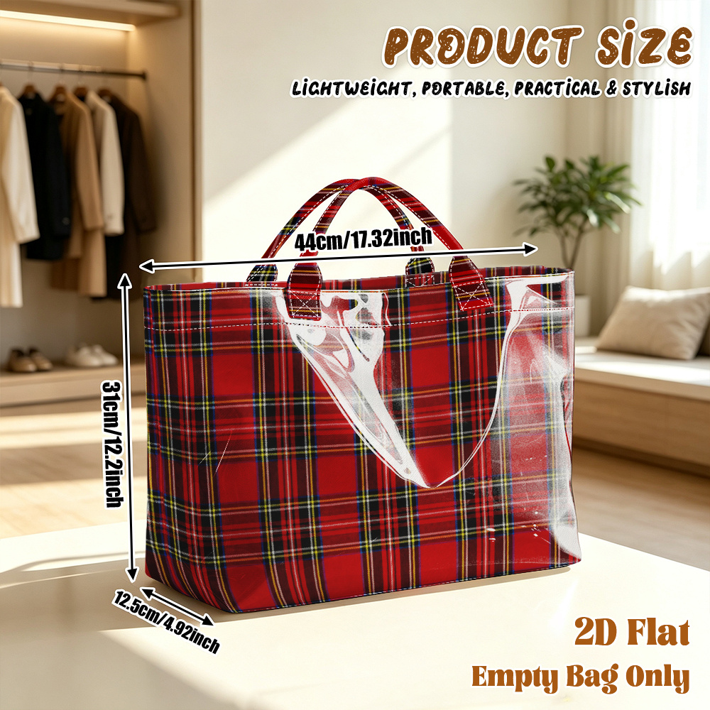 TEMU Borsa tote riutilizzabile in PVC a scozzesi rossi, 1 pezzo, adatta per scuola, ufficio e viaggio, grande capacit� con manici rinforzati, design