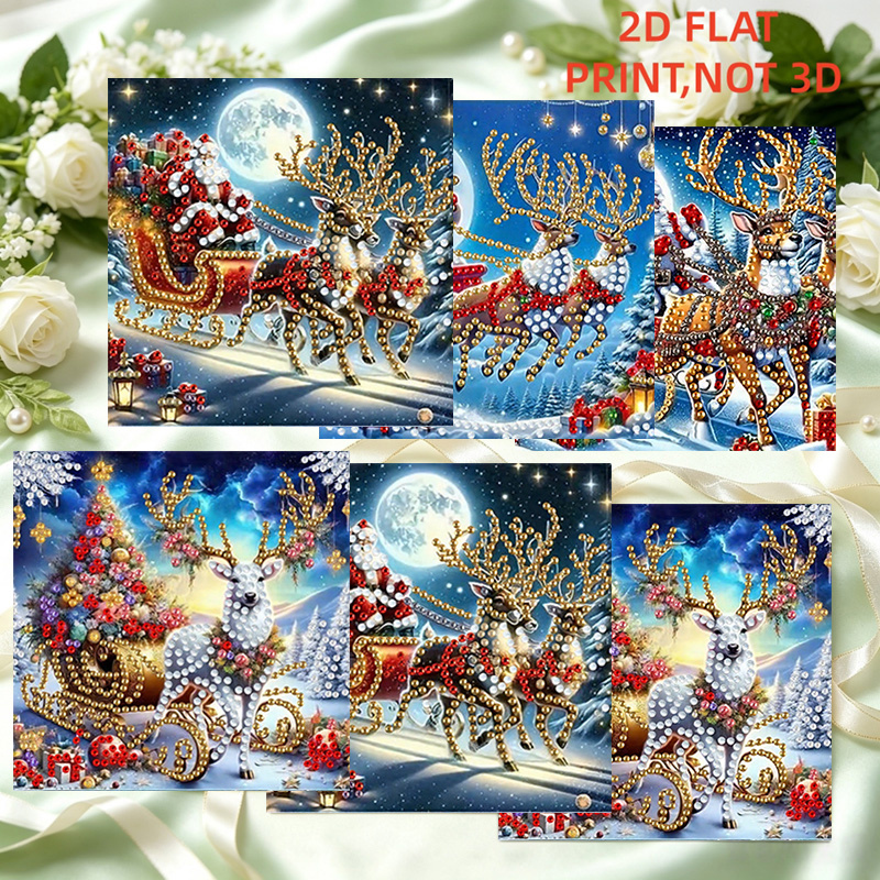 TEMU 6pcs Diamond Painting Kit - Diy Christmas Reindeer Sleigh Themed Painting Holiday Greeting Card Kit, Diy Special Shape Art Mosaic Postcard,