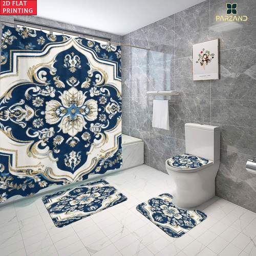 item picture 2d flat 2d flat 4pcs blue floral shower curtain with 12 hooks for all ensemble decorative elegant bathroom decor for home and hotel use 4pcs 1pc shower curtain 180 180cm 3pcs mat 38 44cm 38 45cm 45 6338cm 2d flat