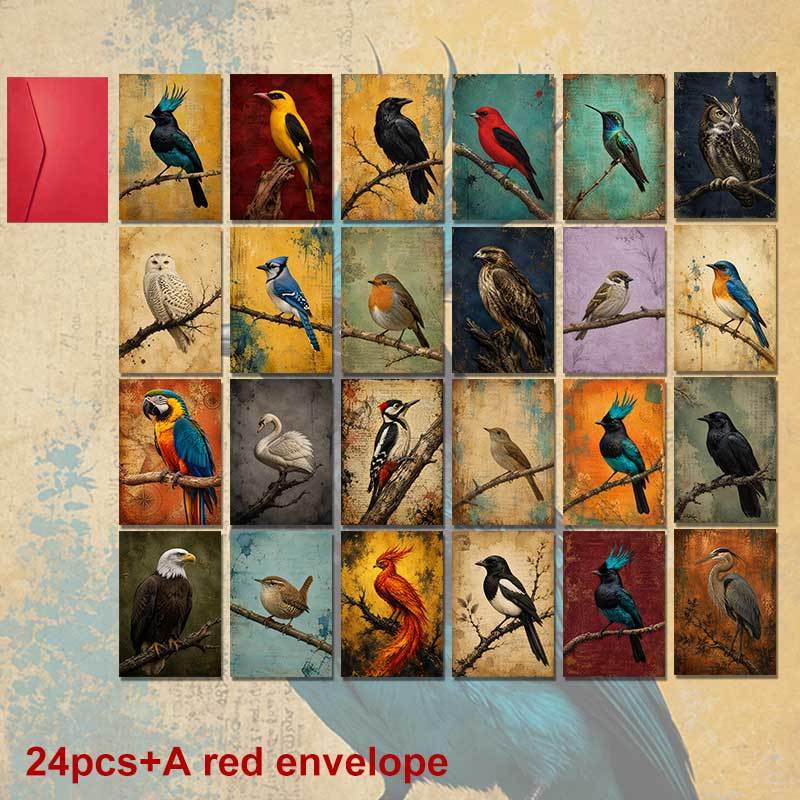 TEMU 24-pack A Red Envelope Vibrant Artistic Bird Nature Postcard Set For Spring Greeting Cards Featuring Diverse With For Vintage Rustic Stationery