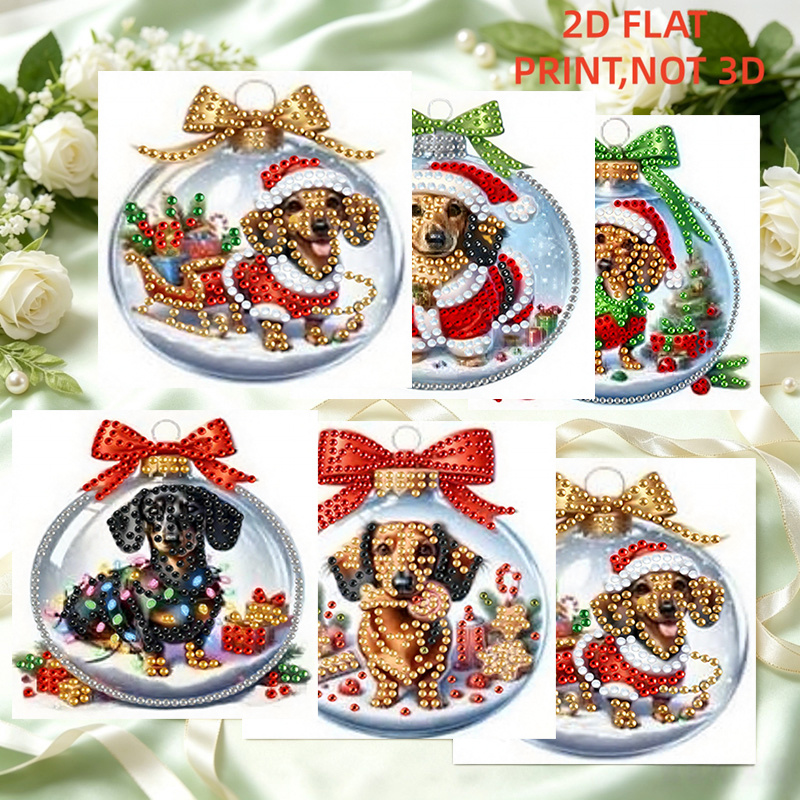 TEMU 6pcs Diamond Painting Kit - Diy Christmas Ball Dachshund Themed Painting Holiday Greeting Card Kit, Diy Special Shape Art Mosaic Postcard,
