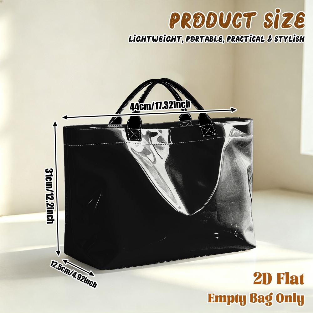 TEMU 1 sac d'épicerie réutilisable à impression plate 2D, motif de grille tissée noire, sac fourre-tout de voyage en PVC brillant de grande , un