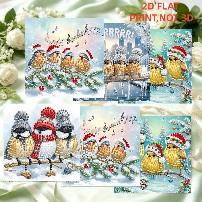 TEMU 6pcs Diamond Painting Kit - Diy Christmas Singing Bird Themed Painting Holiday Greeting Card Kit, Diy Special Shape Art Mosaic Postcard, Holiday