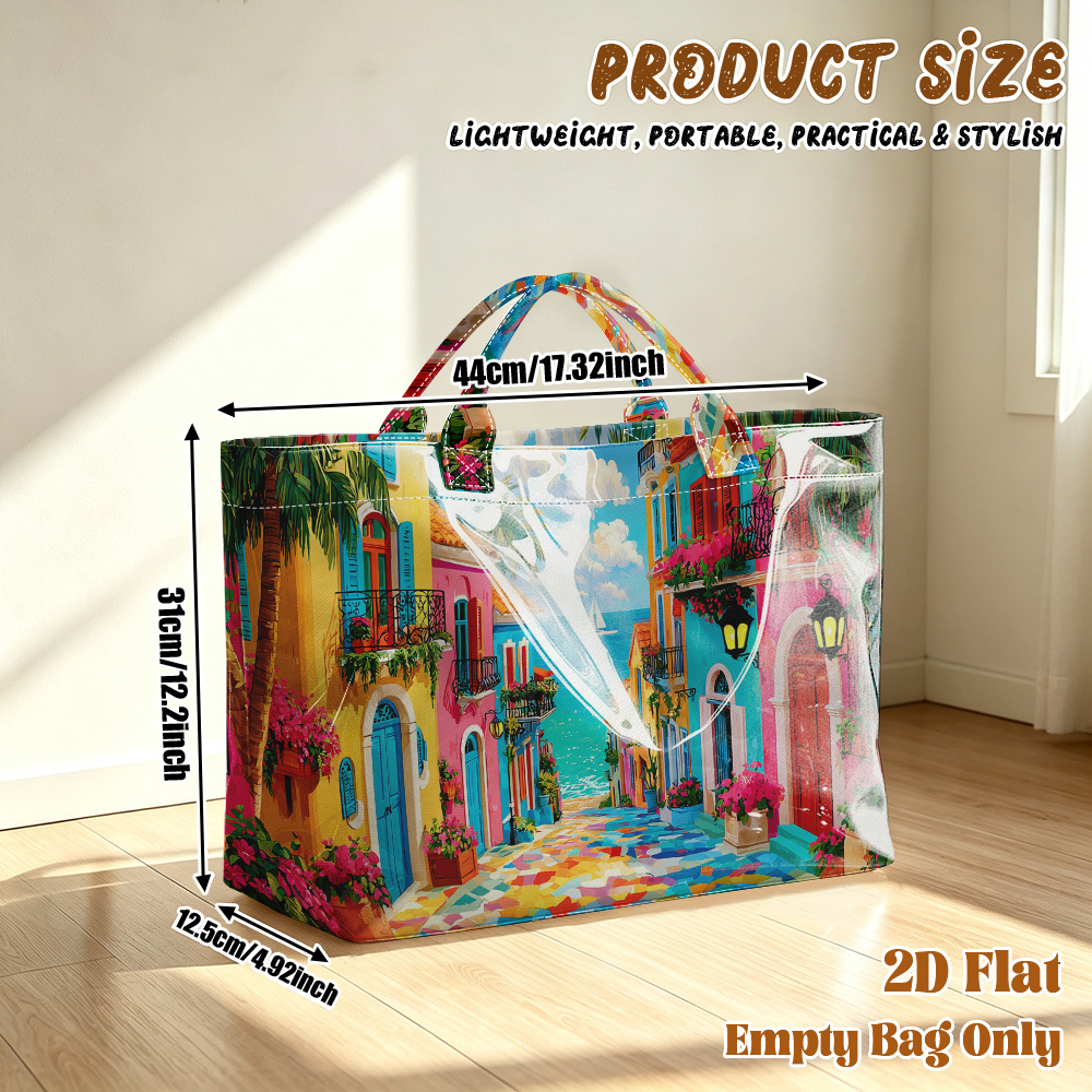 TEMU 1pc Reusable Grocery Bags, 2d Flat Printing Colorful Pattern Pvc Large Capacity Travel Tote Bag, Shopping Bag, Commuting Bag, Beach Bag, Yoga