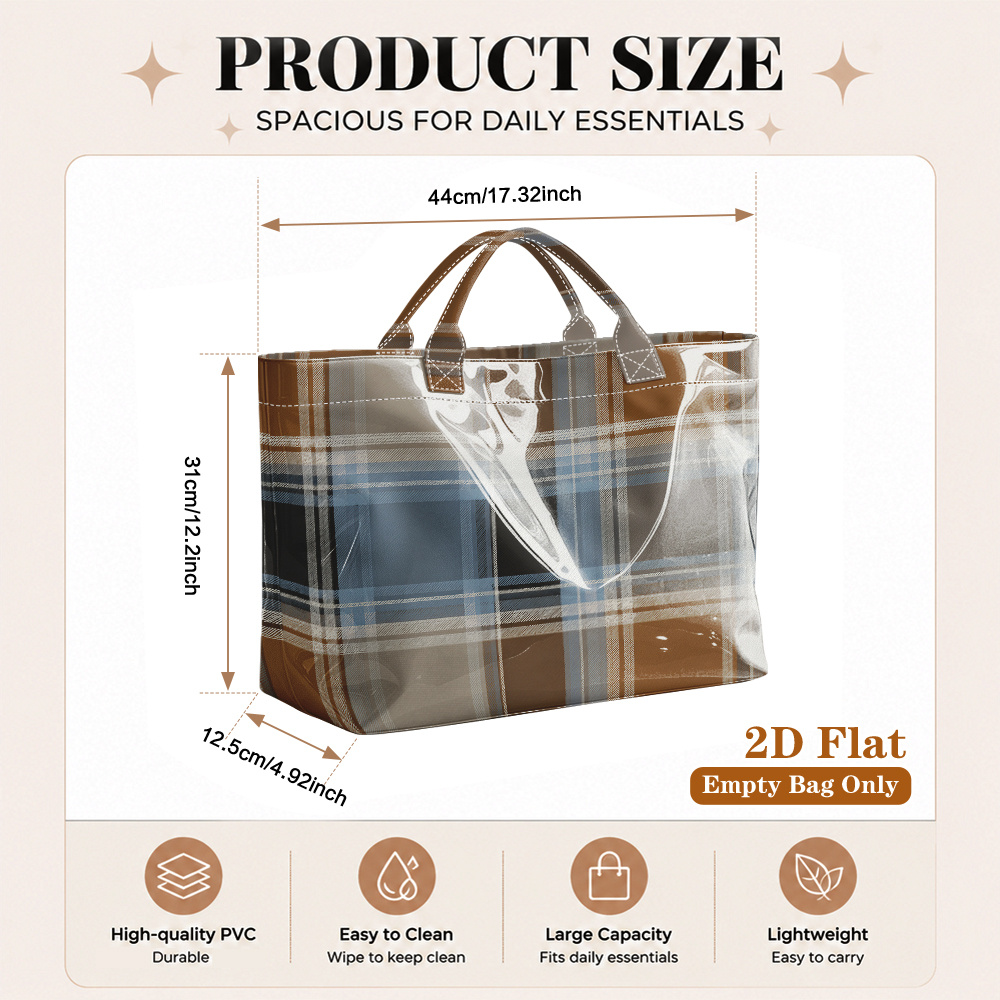 TEMU Sac fourre-tout de voyage plat 2D, 1 pièce en PVC, sacs d'épicerie réutilisables, imprimé à carreaux marron et bleu, sac fourre-tout spacieux et