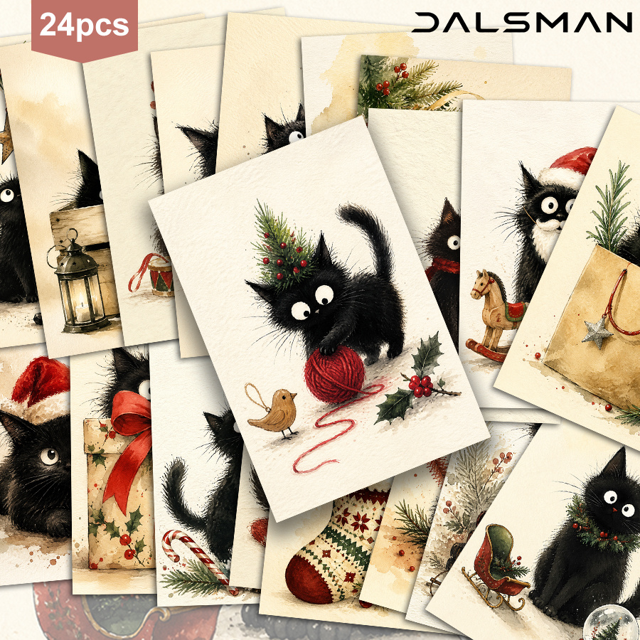 TEMU Set van 24 DALSMAN ansichtkaarten met zwarte kat voor kerstfeestdagen, wenskaarten, decoratief briefpapier voor vrienden en familie, feestelijke