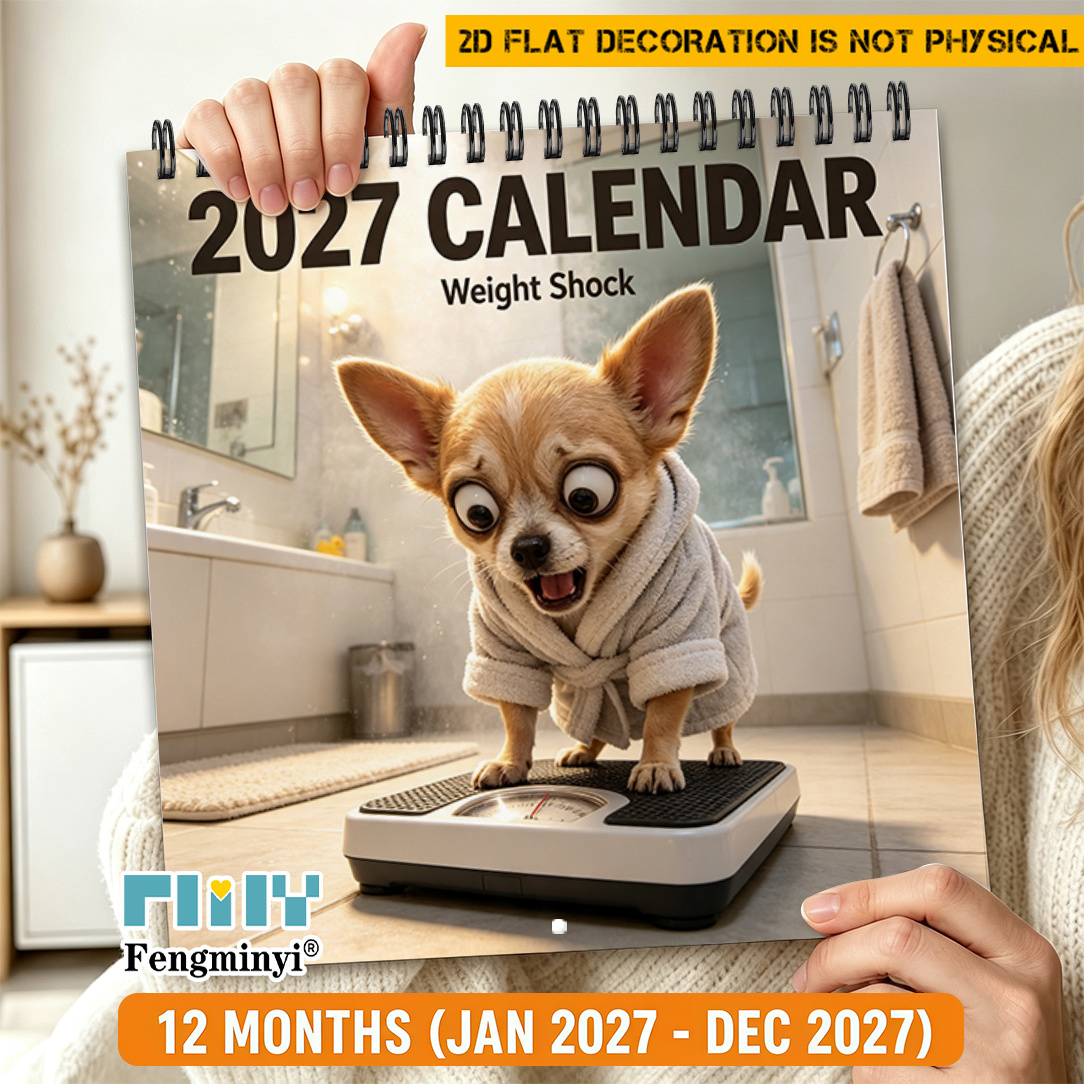 TEMU 2d Flat 1pc 2027 Calendars, 2027 Year Humorous Calendar Desktop Desk Wall Calendar, Memo Recording, Bathroom Scale Bathrobe Chihuahua Fun