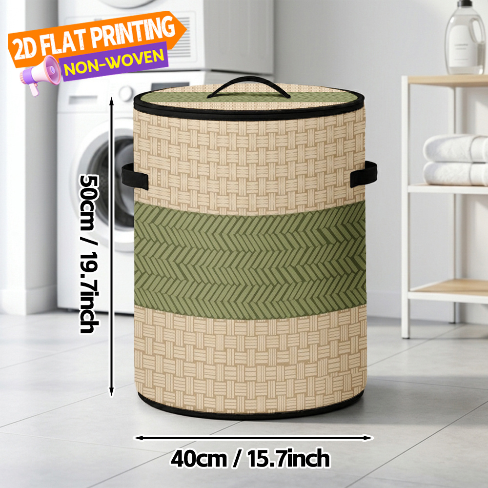TEMU 2d Flat, 1pc Round Shelf Basket Green Stripe Print, Large Capacity, Laundry Room Storage Box, Fits Car Trunk Organizer With Lid, Ideal For