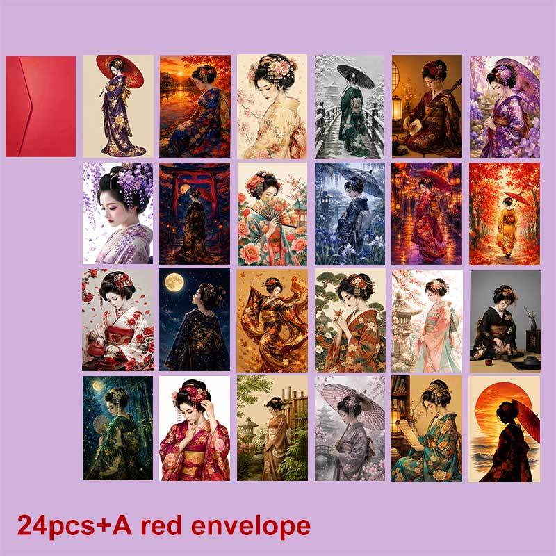 TEMU 24-pack+a Red Envelope Elegant Traditional Holiday Postcard, Beautiful Women In Kimono With Floral Patterns Greeting, Suitable For , Seasonal