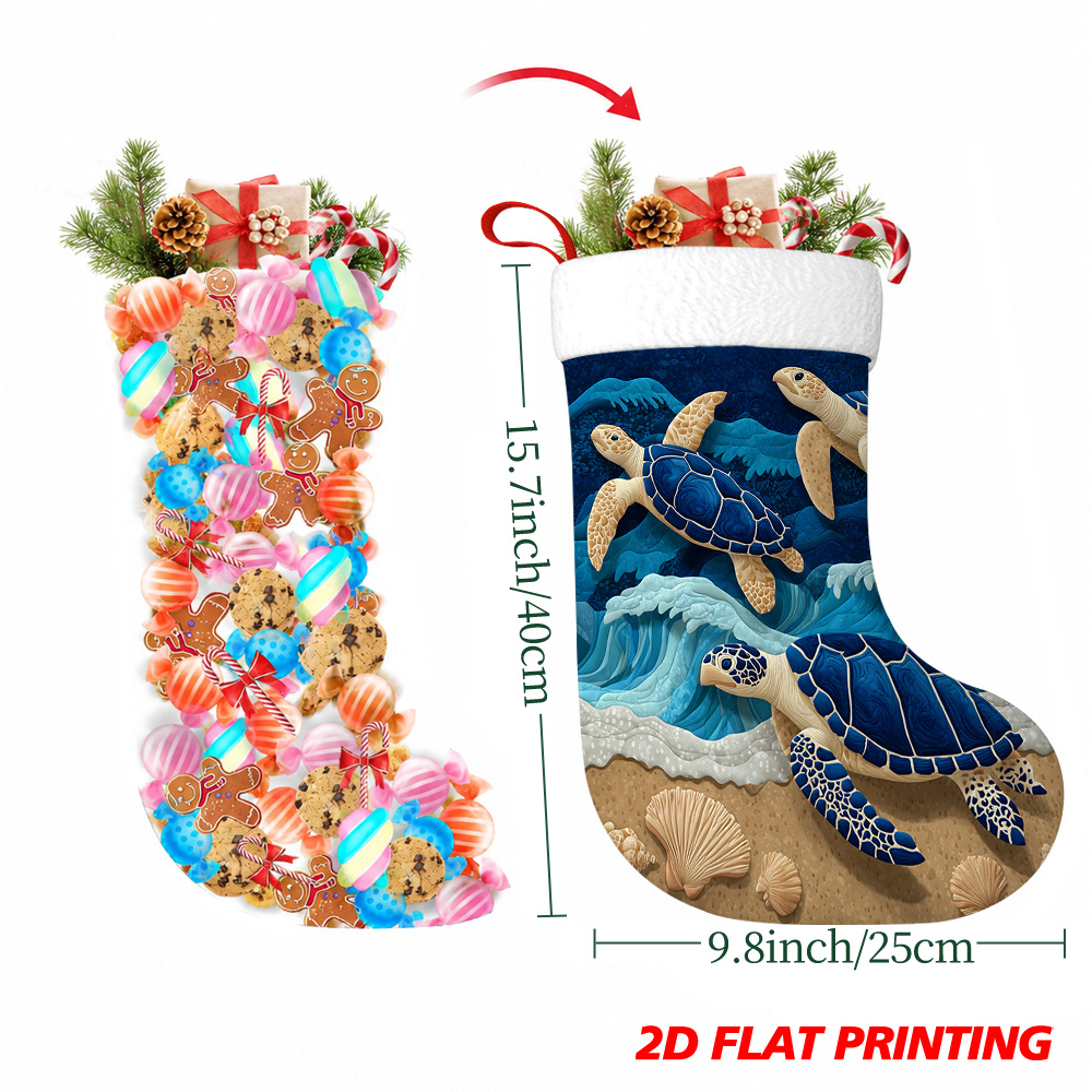 TEMU 1pc 2d Flat Seasonal Christmas Stockings With Sea Turtles Ocean Shells Beach Artwork Holiday Party Room Decor Tree Ornaments Family Decorations