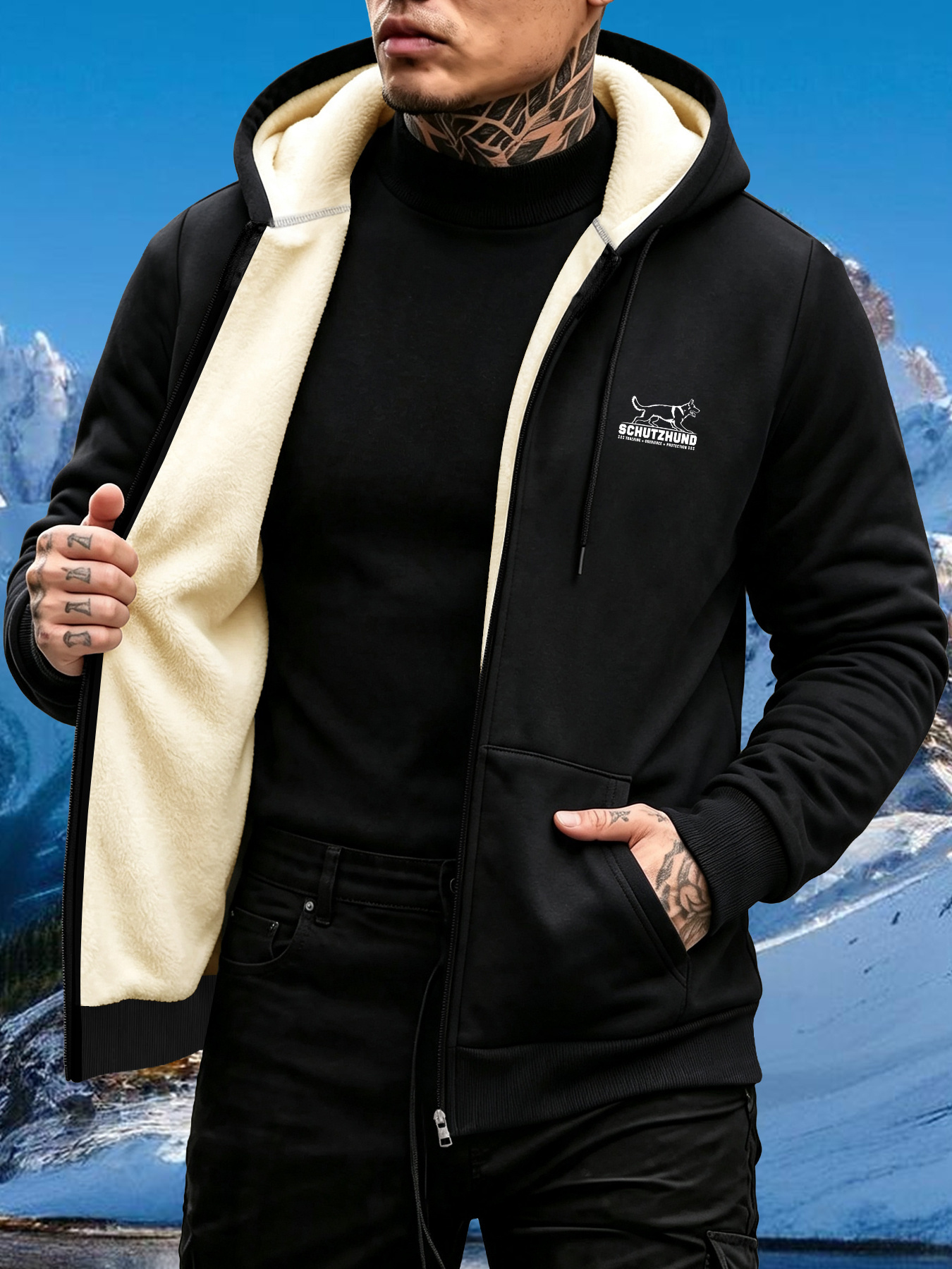 photo de l'article veste à capuche zippée pour homme avec doublure épaisse et imprimé à motif de  , un haut dextérieur   et chaud à doublure pour un     à   et en sortie