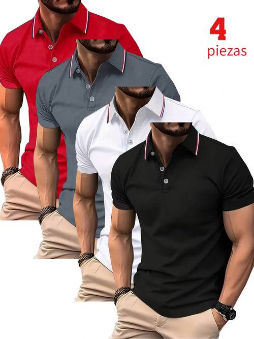imagen del artículo juego de 4 a rayas, rayas contrastantes , blancas y con cuello de tres botones, camisa casual de transpirable de rápido, diseño de botones de poliéster elástico , adecuada para , ropa de y atuendos diarios, estampado de , camiseta de
