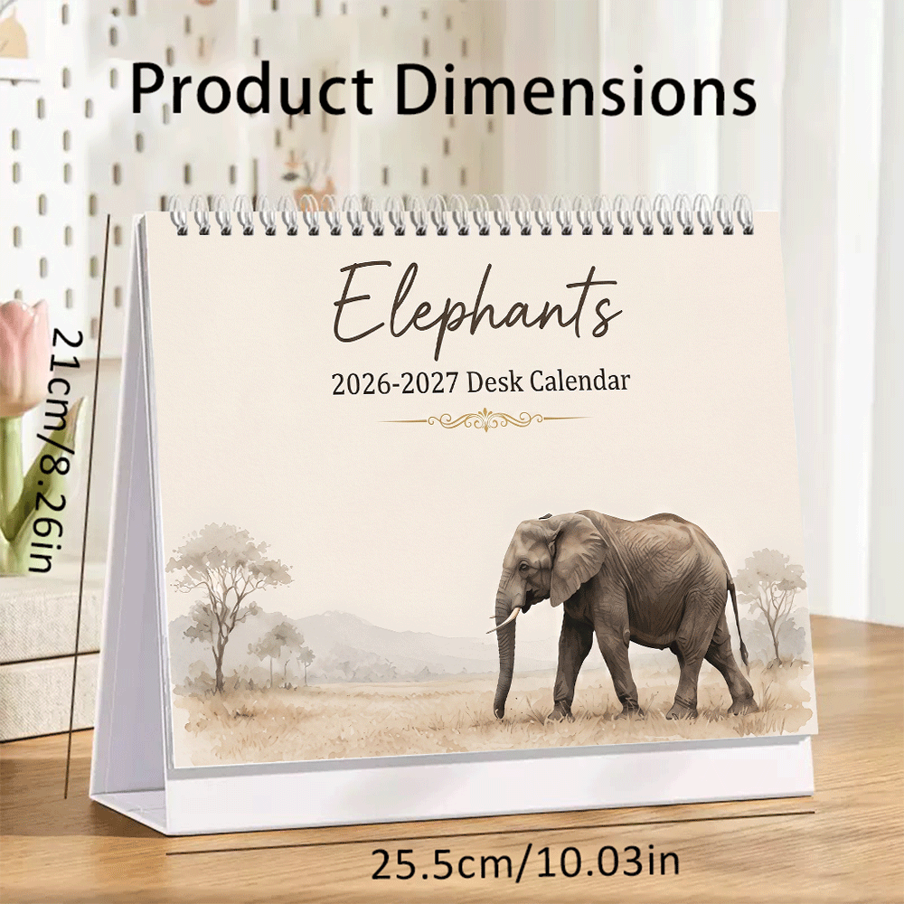 TEMU 1pc Watercolor-style African Elephant Pattern Coil Calendar, With Metal Coil Turn-page Binding And Double-sided Content. This Practical Is