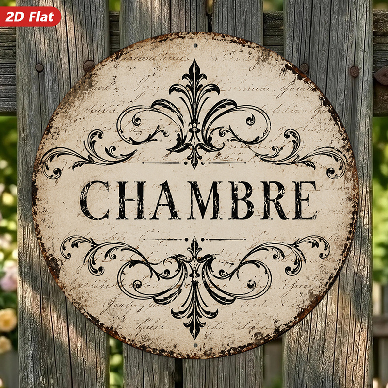 TEMU Panneau Mural Rond en Métal 1 pièce Vintage Chambre Crest, Plat 2D, Parfait pour Jardin, Salle à Manger, Bureau, Typographie Française Usée,