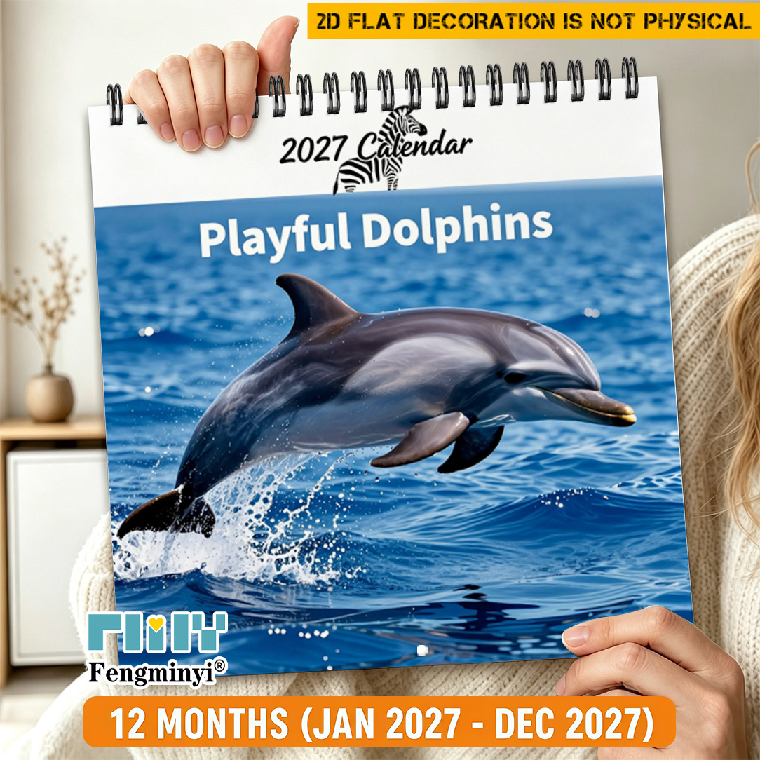 TEMU 2d Flat 1pc 2027 Calendars, 1pc, 2027 12-month Wall Calendar, 1pc Cute Aesthetic Calendar With Dolphin Theme, Suitable For Home Or Office,