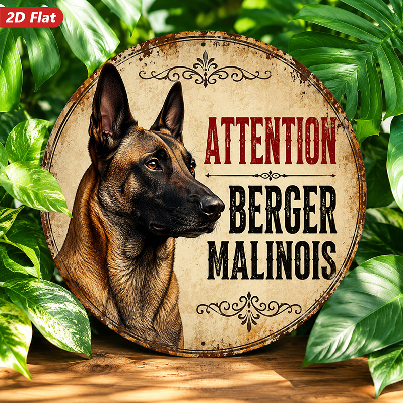 TEMU Plaque métallique ronde plate 2D, 1 pièce, art mural vintage Malinois de garde, « Attention Malinois », portrait de belge, pour salle à manger,