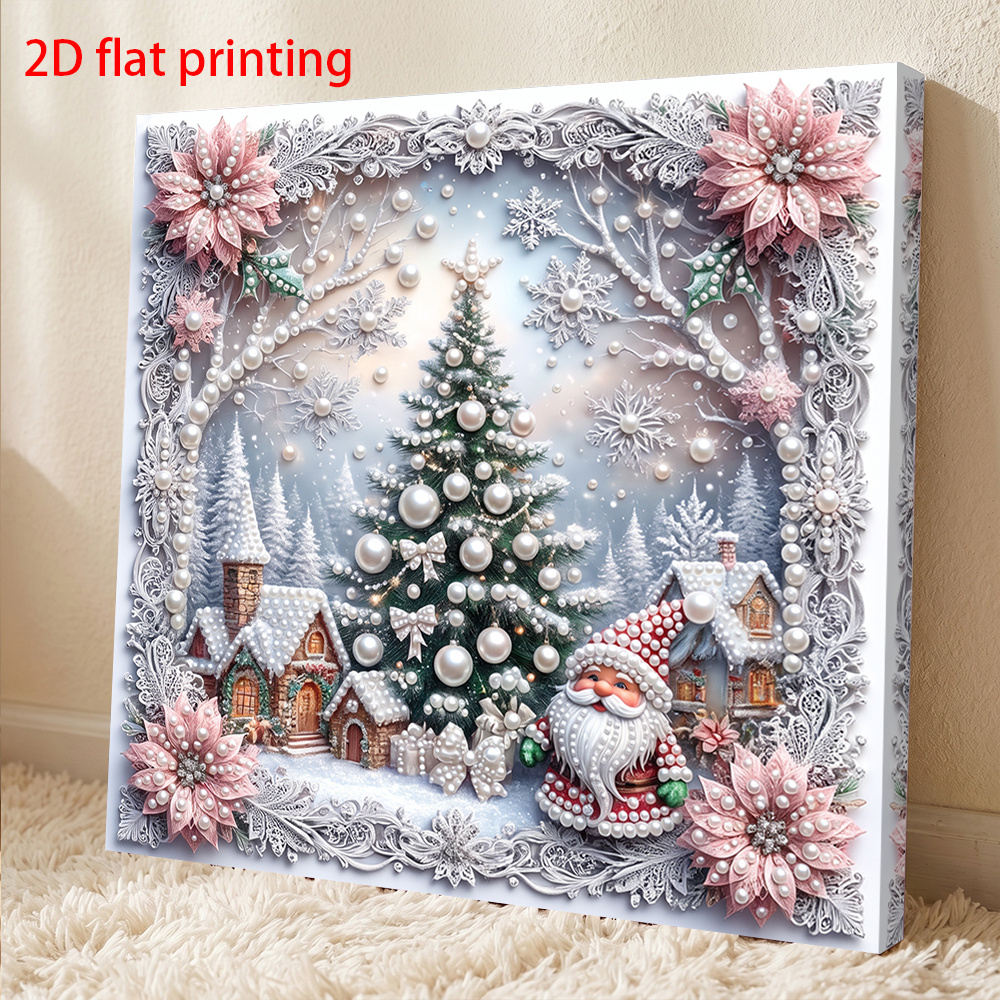 TEMU Kit de peinture à avec impression 2D/à plat encadrée, présentant un dessin de dessin d'un paysage enneigé avec des gnomes de Noël, un sapin de