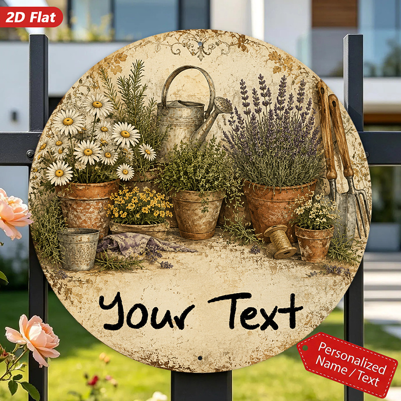 TEMU 2d Flat, 1pc Rustic Garden Round Metal Sign Wall Art, Custom Text, Your Text , Home Decor, Daisy Flowers, Lavender Pots, Watering Can, Garden