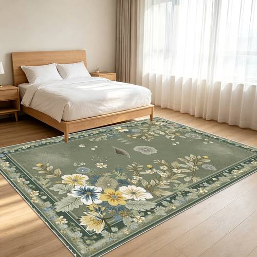 Artikelbild . vintage-teppich im landhausstil mit blumenmuster in salbeigrün für das wohnzimmer, weich, bequem, ganzjährig, pflegeleicht, maschinenwaschbar, landhausstil, , außendeko