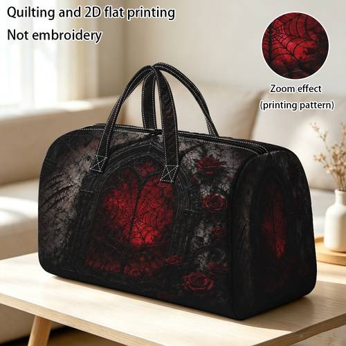 item picture 2d flat 1pc quilted tote handbag halloween gothic rose printed travel luggage bag specifically designed for women featuring a interior for storing books non food contact