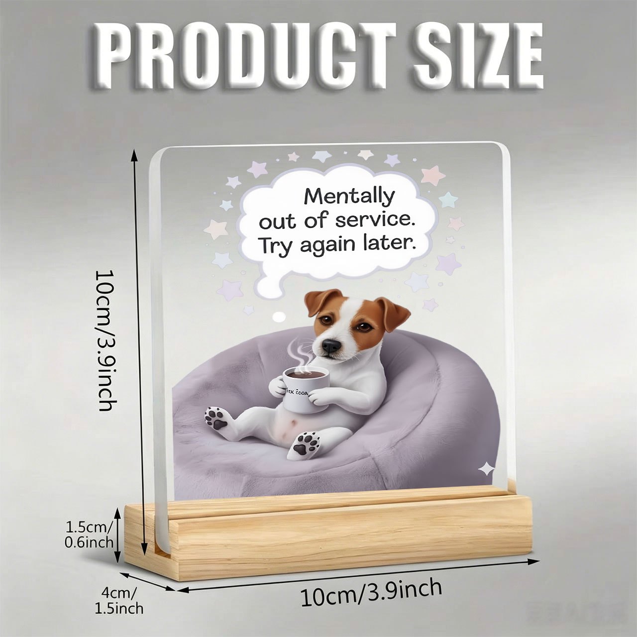 TEMU 1pc Cartoon Dog Holding Coffee Cup Pattern Ornament With Inspirational Slogan, Acrylic Decoration With Wooden Base, Paperweight, Office Desktop
