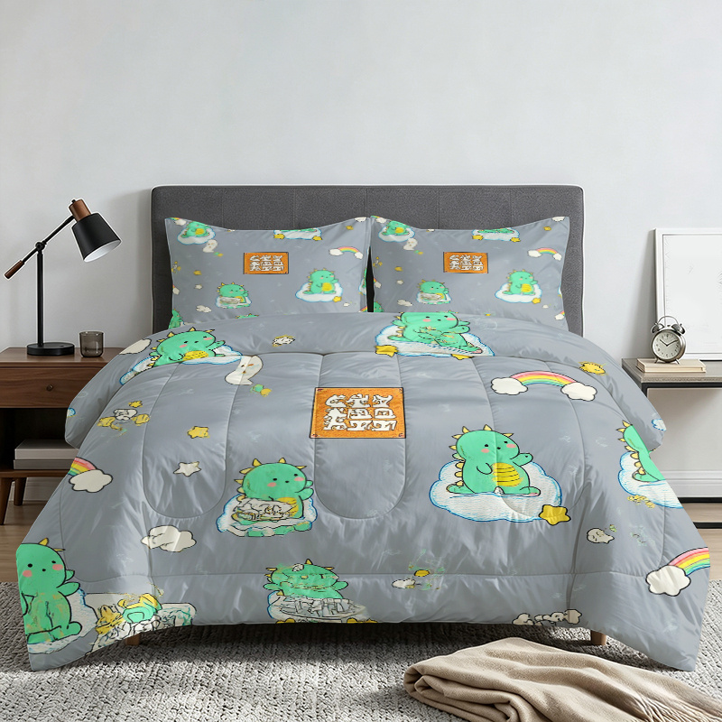 2/3pcs Cute Dinosaur Cloud Rainbow Pattern Quilted Comforter Set