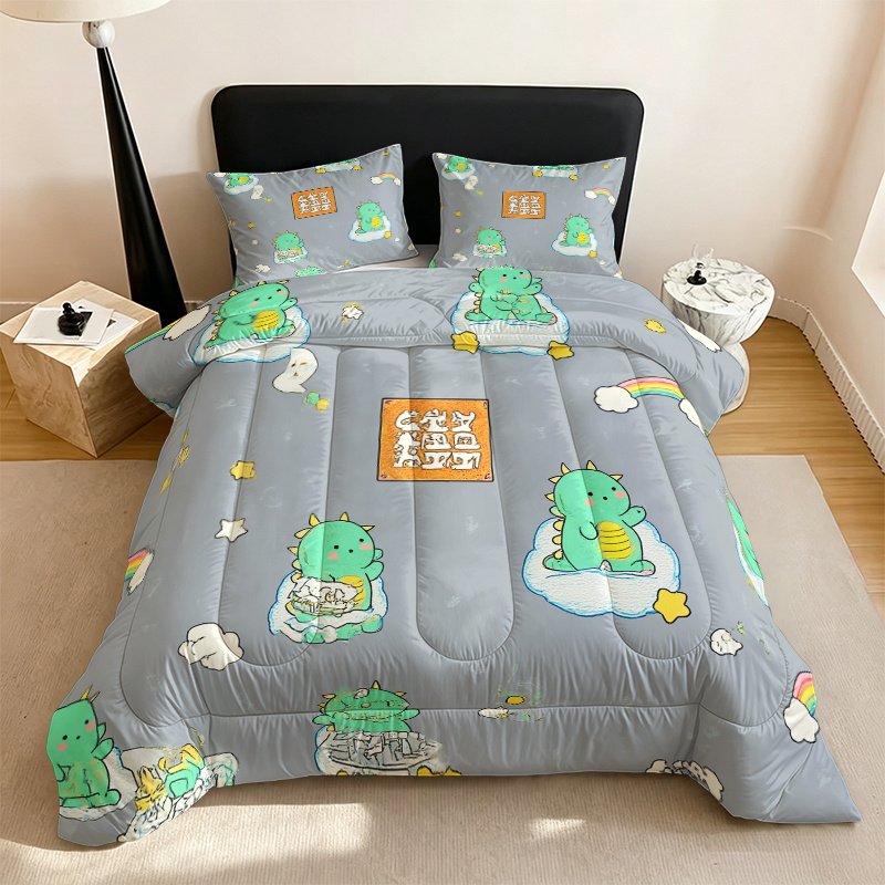 2/3pcs Cute Dinosaur Cloud Rainbow Pattern Quilted Comforter Set