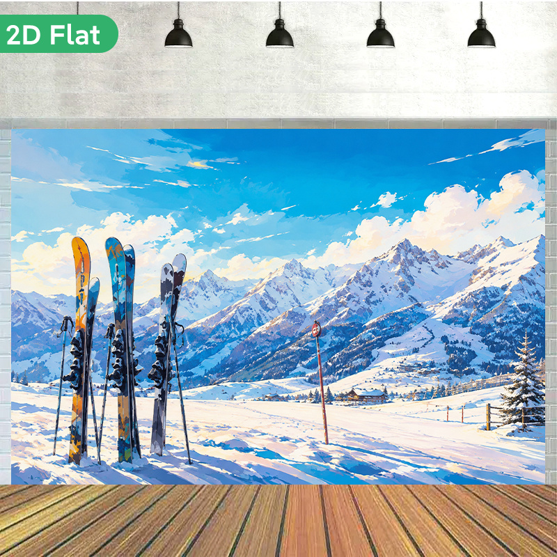 TEMU 2d Flat, 2d Flat - 2d Flat, 2d Flat - 2d Flat Banner 1pc, Skiing Gear And Mountains, Colorful Patterned Backdrop Featuring A Blend Of Ethnic And