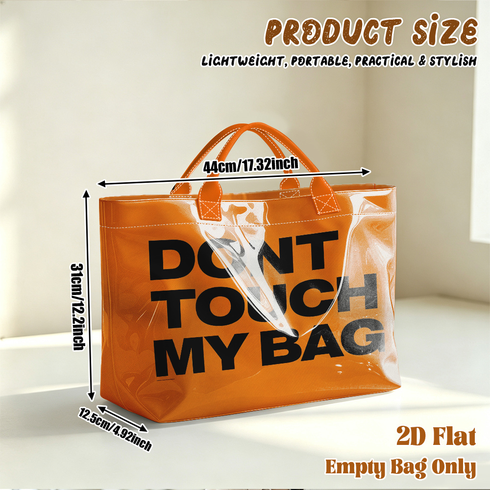 TEMU 1pc 2d Flat Printing Orange Warning Text Pattern Large Capacity Travel Tote Bag, Fashion Shopping Bag, Commuting Bag, Beach Bag, Yoga Bag,