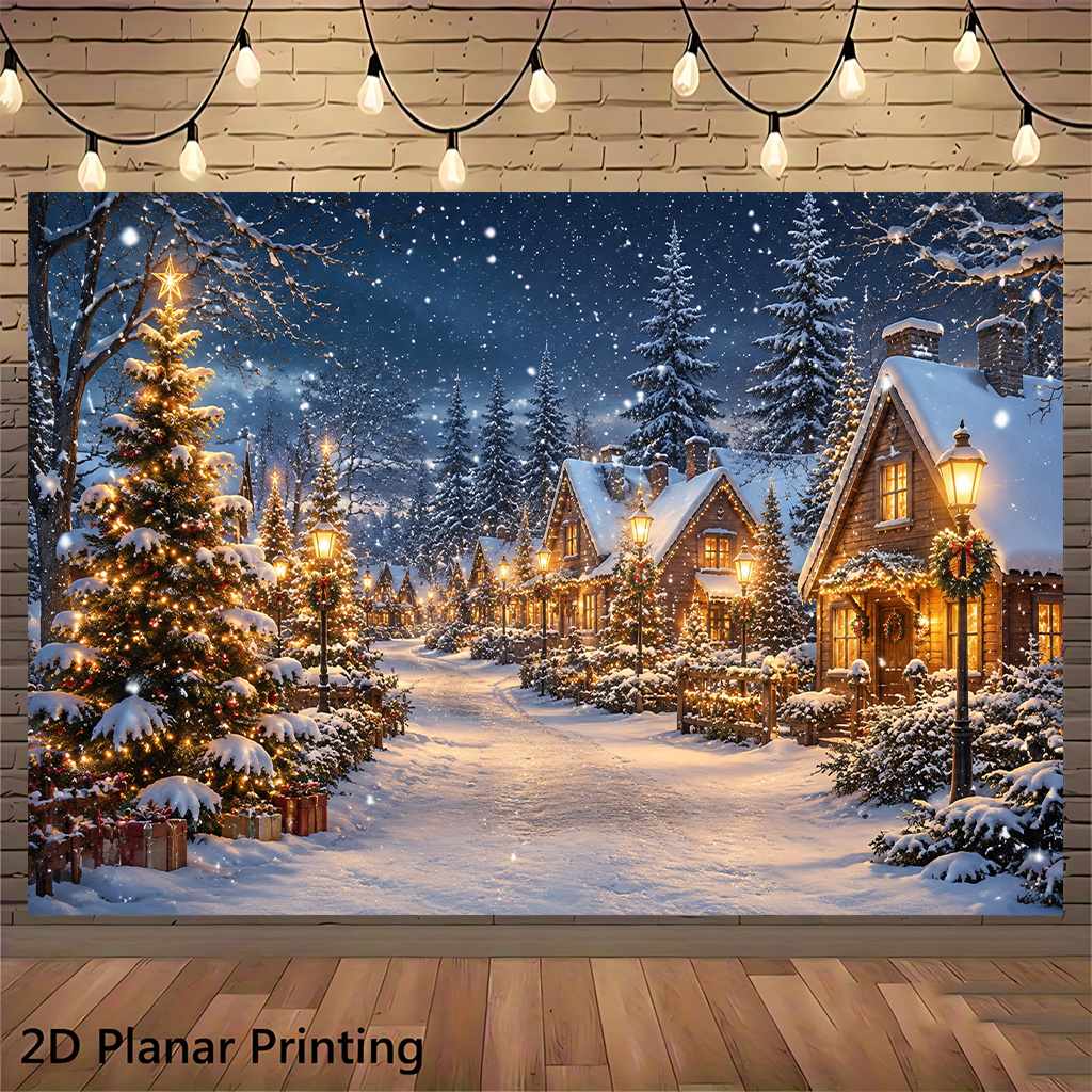 TEMU 2d Flat, 1pc Winter Banner Backdrop With Cozy Houses & Twinkling - Warm Suitable For Christmas, Birthdays, Weddings, Photography Studio Props,