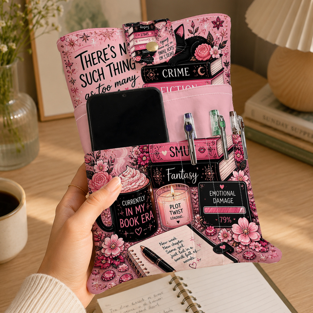 TEMU 1 Housse de livre en tissu, pochette de papeterie multifonctionnelle avec des élégants sur le thème du rose. C'est une housse de livre et un
