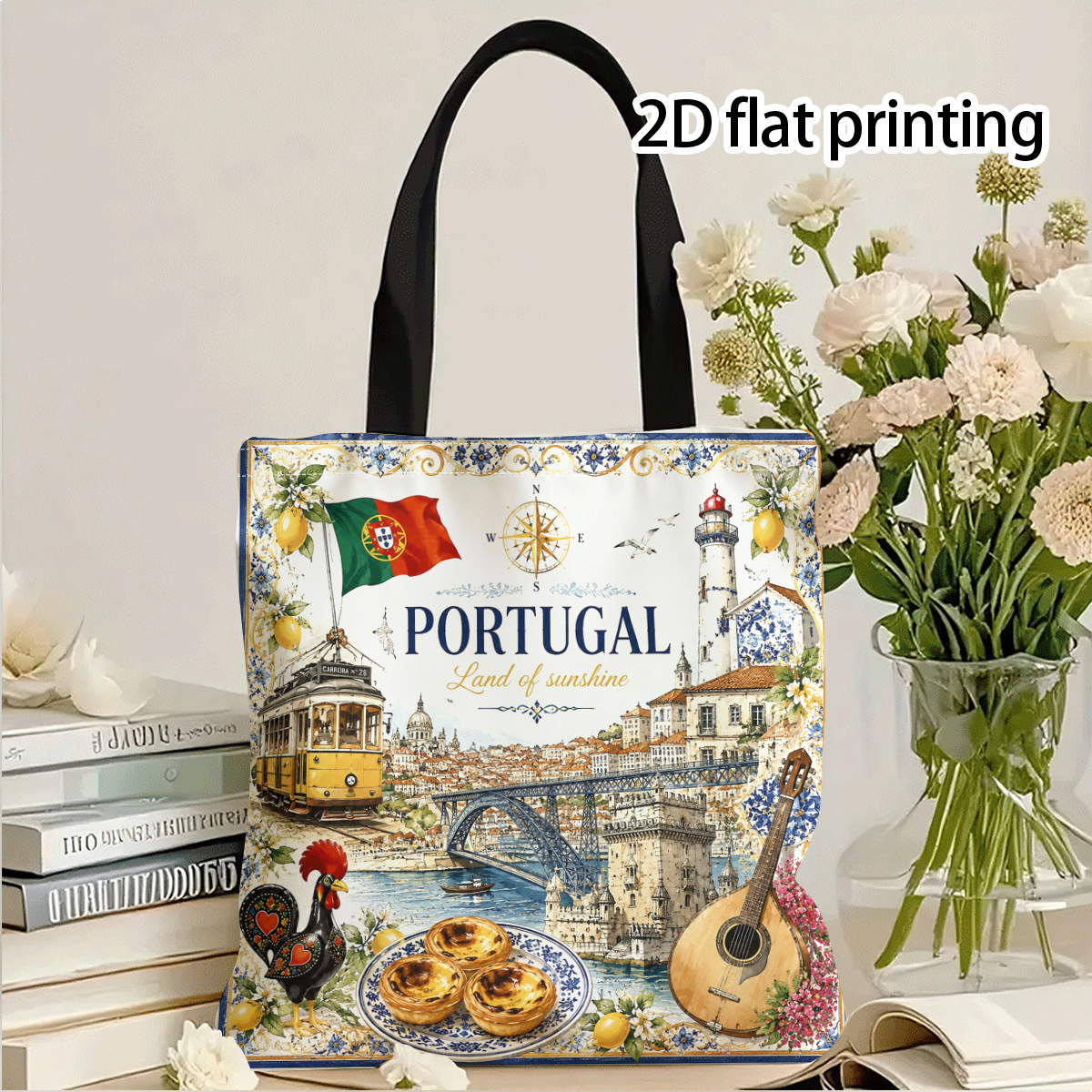 TEMU Portugal Scenic Art Design Tote Bag Print Colorful Shoulder Bag Suitable For Outdoor Shopping Suitable For Gatherings Holiday Events Double