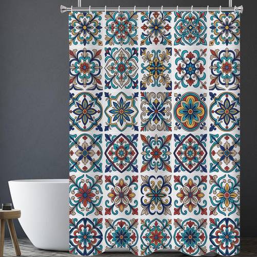 2d flat 2d flat vintage geometric floral pattern shower curtain with hooks included 2d flat