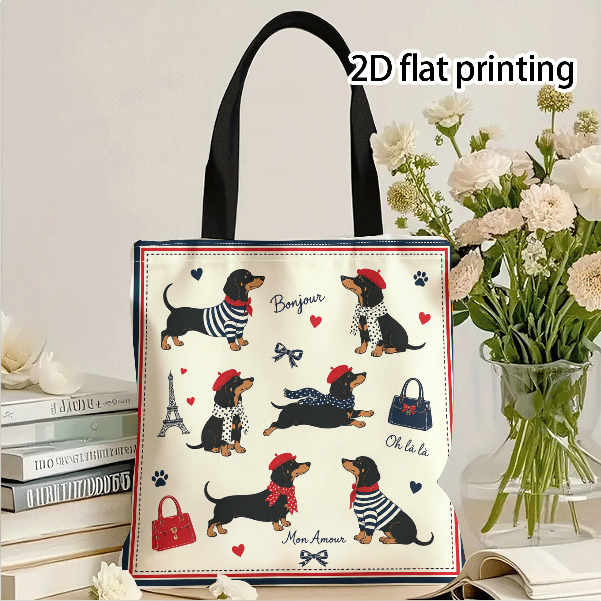 TEMU Bolsa tote con estampado de perro salchicha - Bolso de con diseño de perro salchicha francés con correa, de capa para compras al , regalos