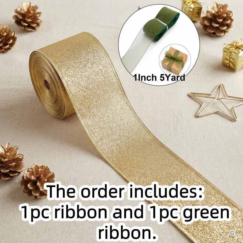 TEMU 5 Yards 6.3cm (2.5 Inch) Wired Edge Ribbon 5 Yards (1 Inch) Green Ribbon, Christmas Golden Shiny Glitter Decoration Braid, Used For Bouquet
